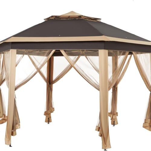 13x13 Pop up Gazebo, Hexagonal Outdoor Canopy Shelter, Instant Patio Gazebo Sun Shade Canopy Tent with Double Tiers & Mesh Netting for Lawn, Garden, Backyard & Deck, Khaki/Brown