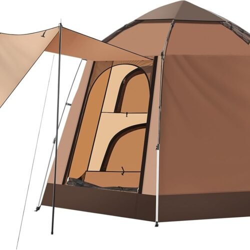 Instant Camping Tent, Hexagonal Design Automatic Dome Tent with 4 Mesh Windows and 1 Door, Easy Setup Pop Up Tent with Vestibule & Rainfly