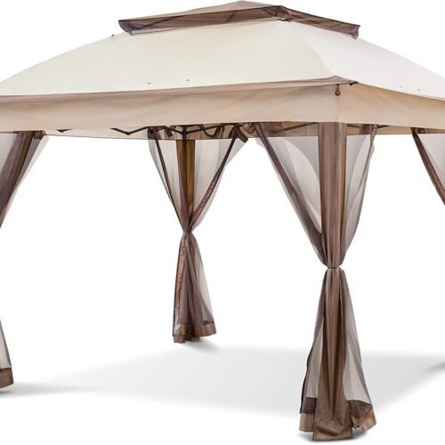 11x11 Pop Up Instant Gazebo Tent with Mosquito Netting Outdoor Canopy Shelter with 121 Square Feet of Shade (Beige)
