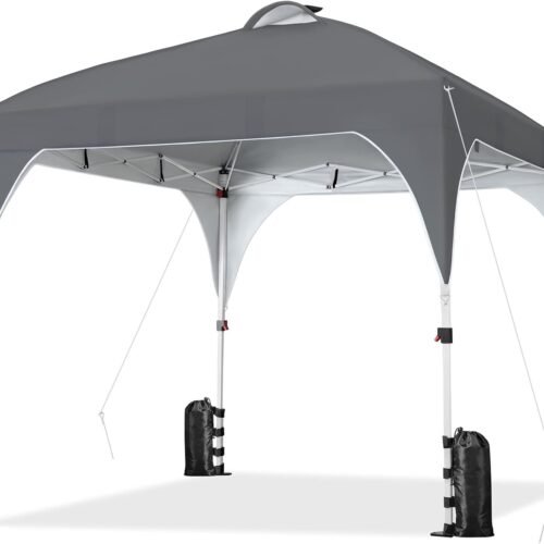 10x10 Pop-Up Canopy Tent with 17 Solar LED Lights & Top Vent, Portable Outdoor Canopy Easy Setup Sun Shade Canopy Adjustable Tent with Wheeled Bag, 12 Stakes, 4 Sandbags & 4 Ropes, Dark Gray