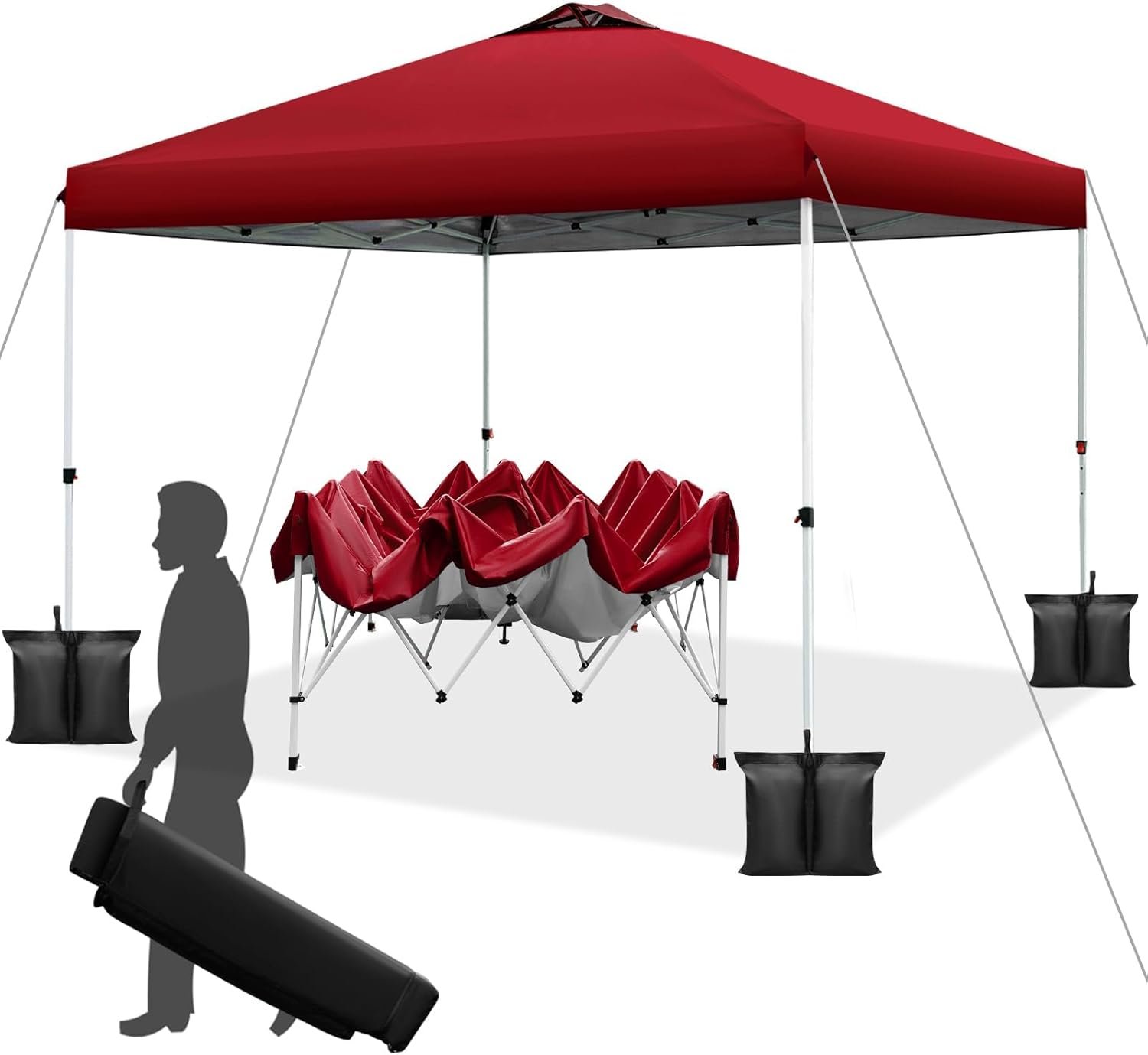 10x10 pop up Canopy Tent, One-Button Push Setup, Adjustable Height pop up Gazebo, Instant Portable Shelter, 4 Weight Bags, Sun Shade for Events & Camping, Silver Coated Top,Red