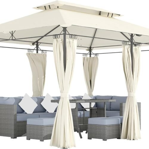 10' x 13' Patio Gazebo, Double Roof Outdoor Gazebo Canopy Shelter with Curtains, Solid Metal Frame for Garden, Lawn, Backyard and Deck, Cream White