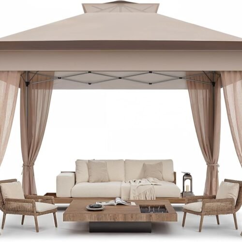 13x13 Pop Up Gazebo, Outdoor Canopy Tent, Instant Screened Shelter with Mosquito Netting for Patio, Garden, Backyard, Party, Camping 3 Height Postions，Beige & Brown
