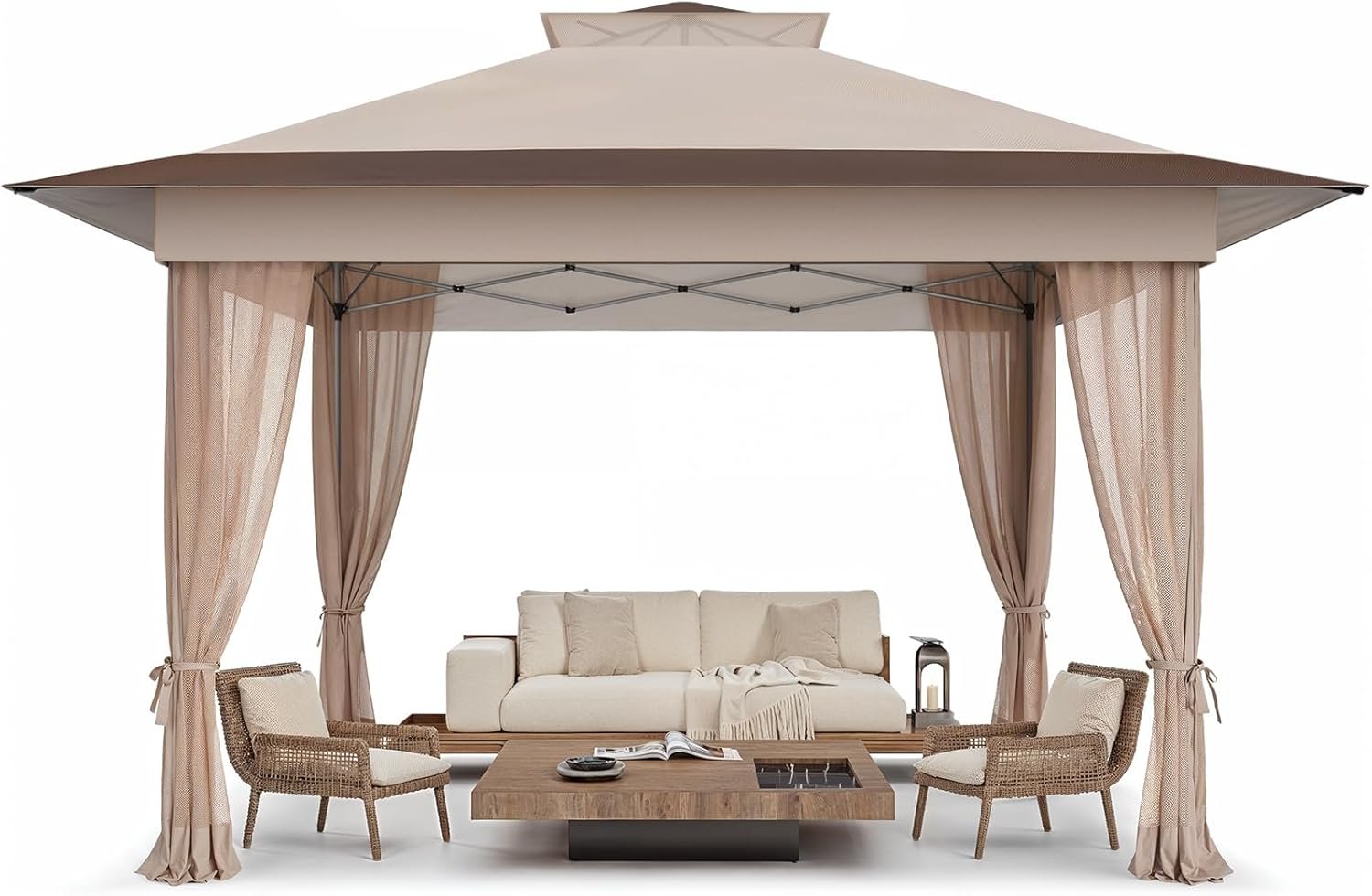 13x13 Pop Up Gazebo, Outdoor Canopy Tent, Instant Screened Shelter with Mosquito Netting for Patio, Garden, Backyard, Party, Camping 3 Height Postions,Beige & Brown