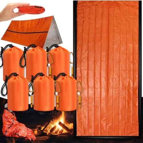 Emergency Sleeping Bag with Whistle, Portable Emergency Survival Bag, Lightweight Pocket Size Emergency Sleeping Bag, Waterproof Thermal Bivy Sack for Camping, Hiking (6)