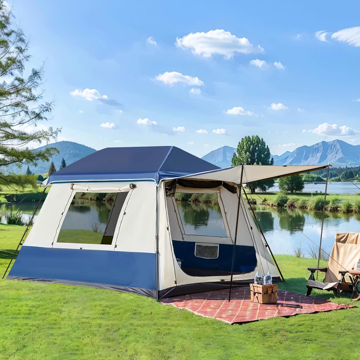 Instant Cabin Tent 4/8 Person, Family Large Camping Tent, 60s Easy Setup with Rainfly & Waterproof Portable with Carry Bag for Family Activities, 4 Season