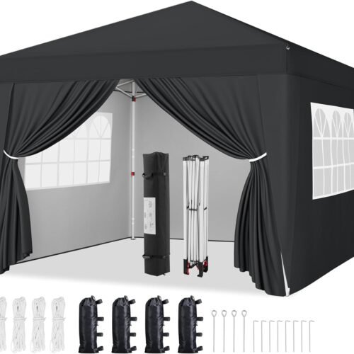 12x12 Pop Up Canopy with 4 Removable Sidewalls, Portable Enclosed Instant Tent, Waterproof Outdoor Tent, Beach Sun Shelter with 4 Sandbags, 12 Stakes & 4 Ropes, Black