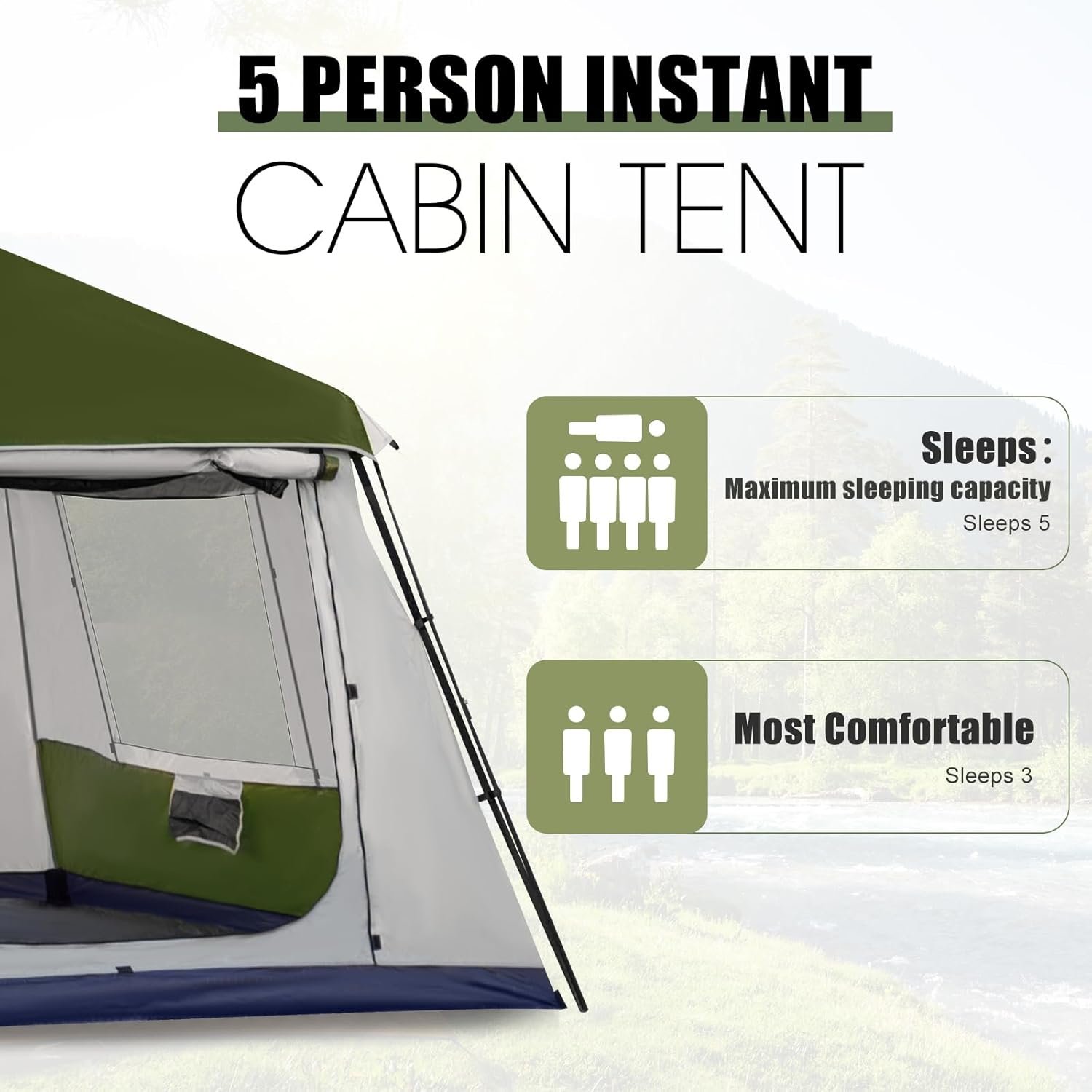 Instant Cabin Tent 4/8 Person, Family Large Camping Tent, 60s Easy Setup with Rainfly & Waterproof Portable with Carry Bag for Family Activities, 4 Season - Image 2