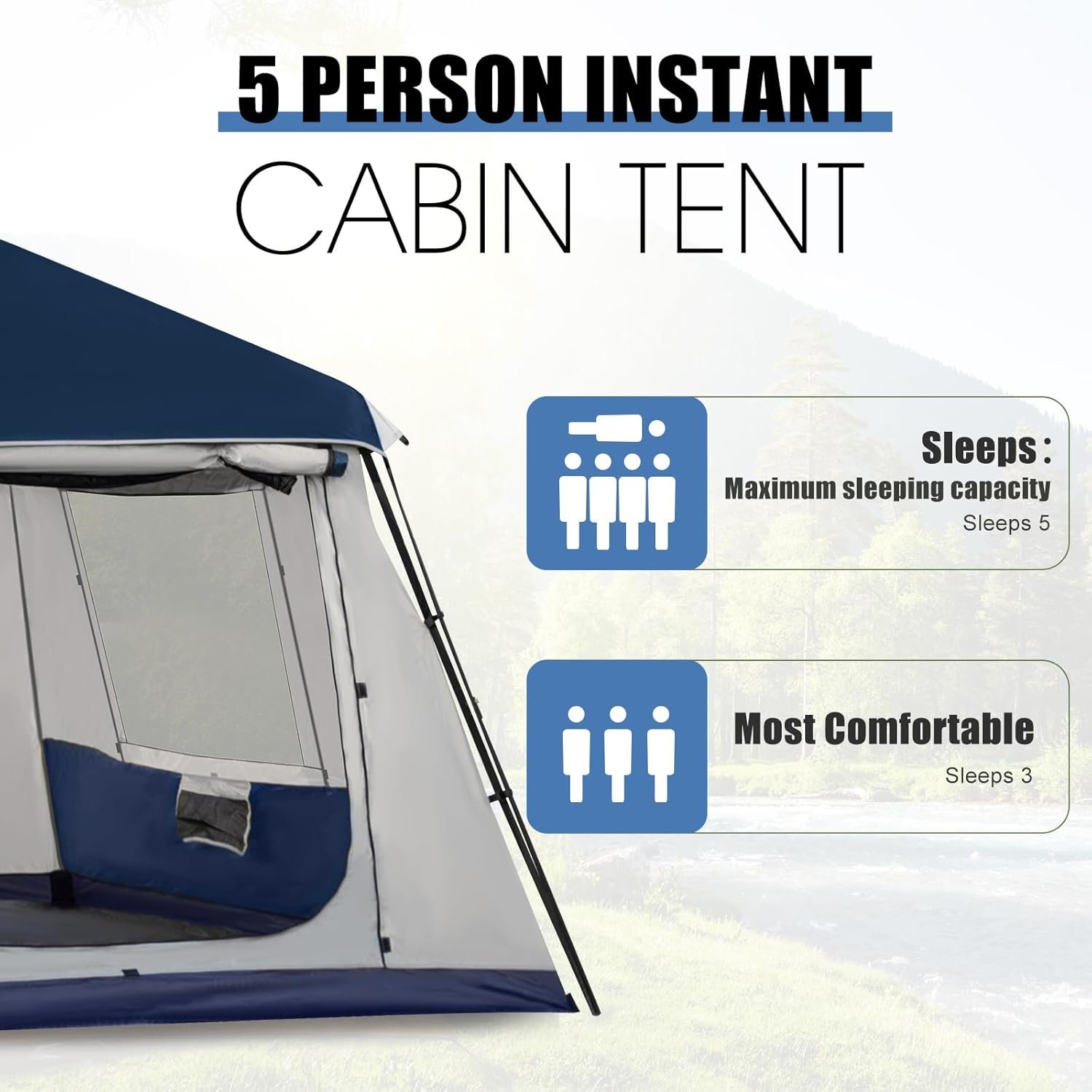 Instant Cabin Tent 4/8 Person, Family Large Camping Tent, 60s Easy Setup with Rainfly & Waterproof Portable with Carry Bag for Family Activities, 4 Season - Image 2