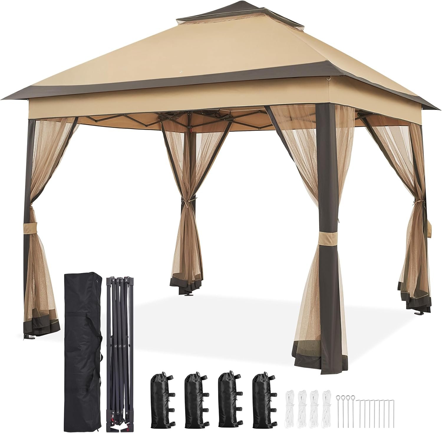 11x11 Pop Up Gazebo Outdoor Canopy Shelter, Instant Patio Gazebo Sun Shade Canopy Tent with 4 Sandbags, Double Tiers & Mesh Netting for Lawn, Garden, Backyard & Deck, Khaki